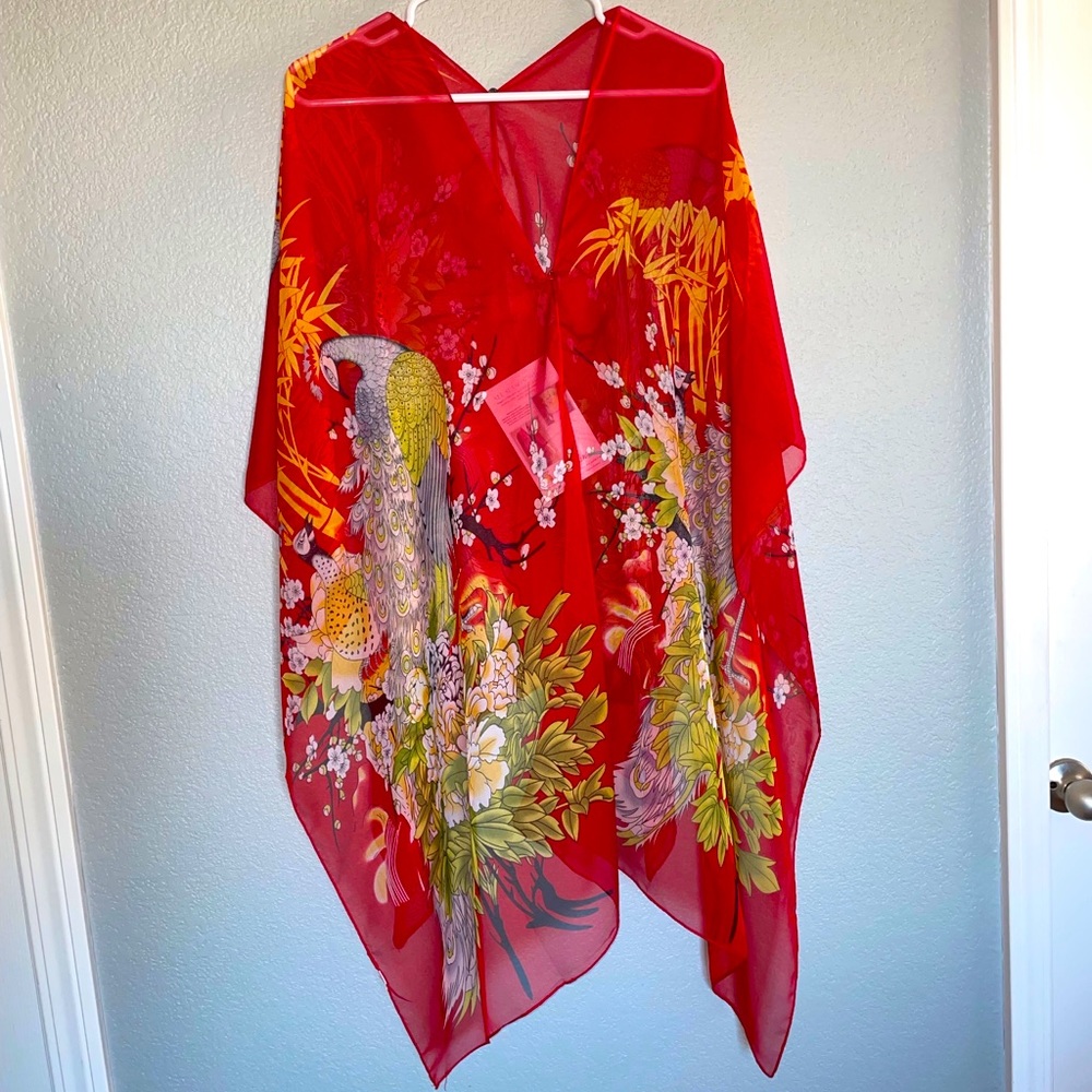 All Season Red Wrap With Flowers and Peacocks